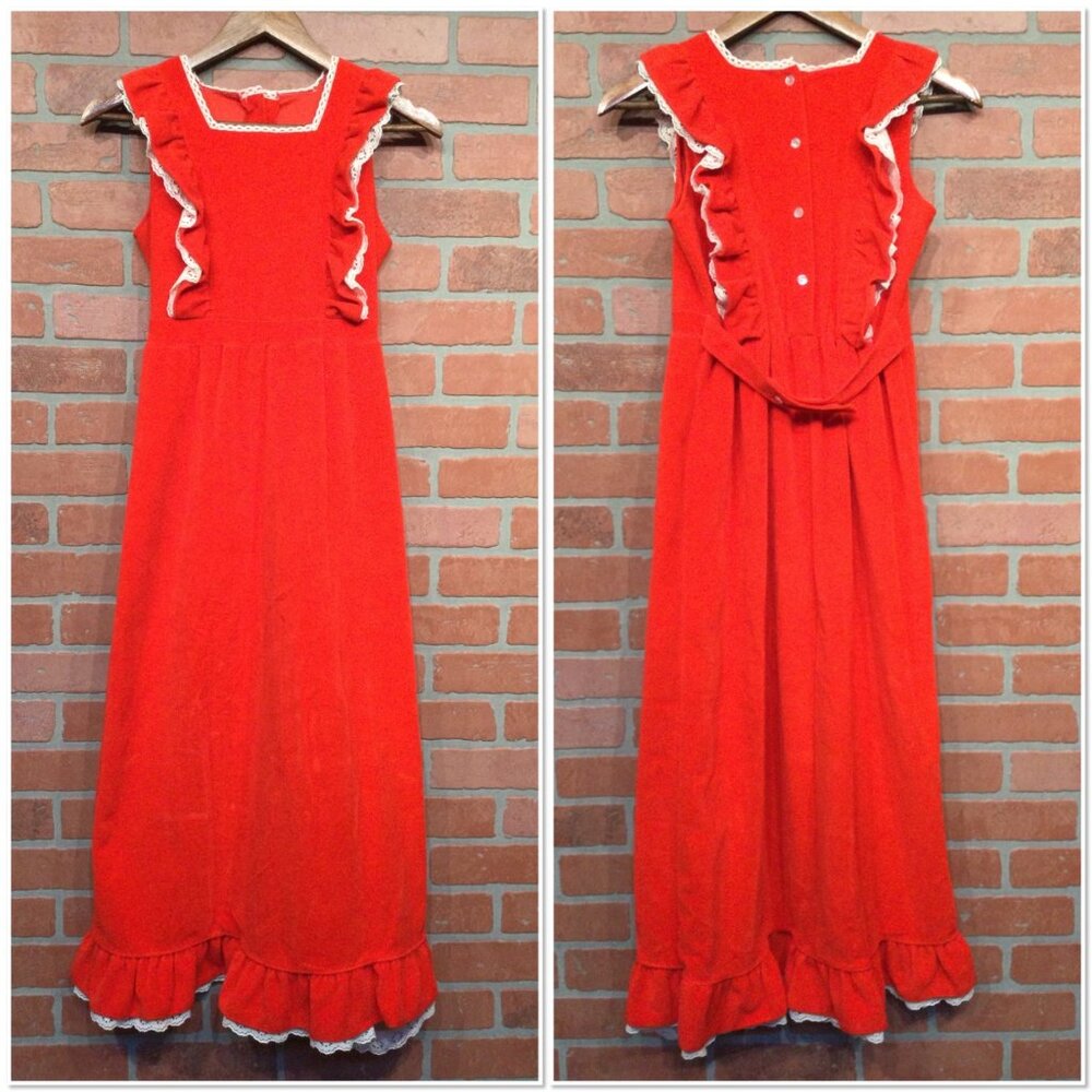 Vintage Pic-Nics Flo Kerns Girls Red Maxi Dress Size 12 Lace Ruffles Button Back